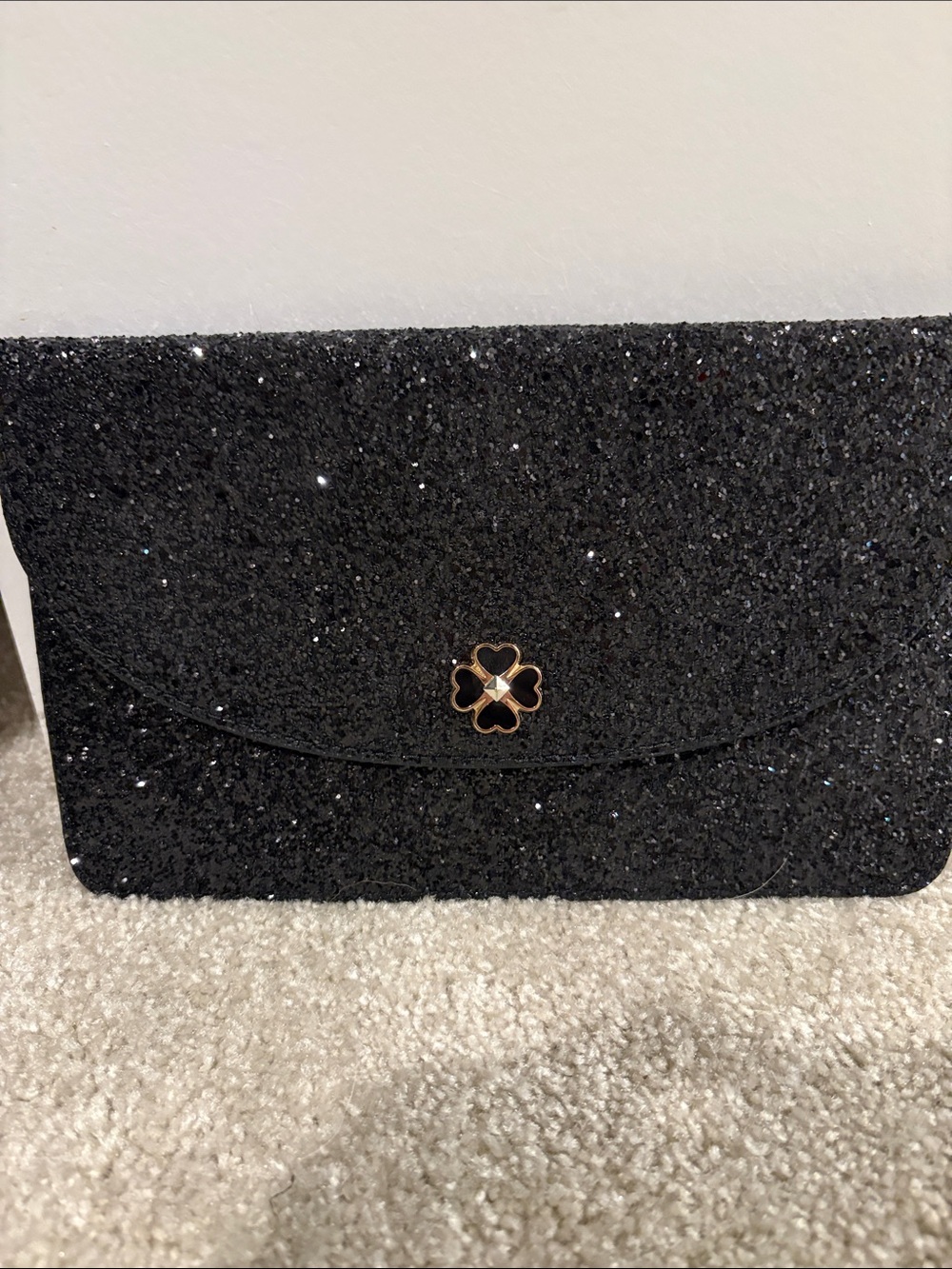 kate spade Black Glitter Envelope Clutch with Gold Clover Accent